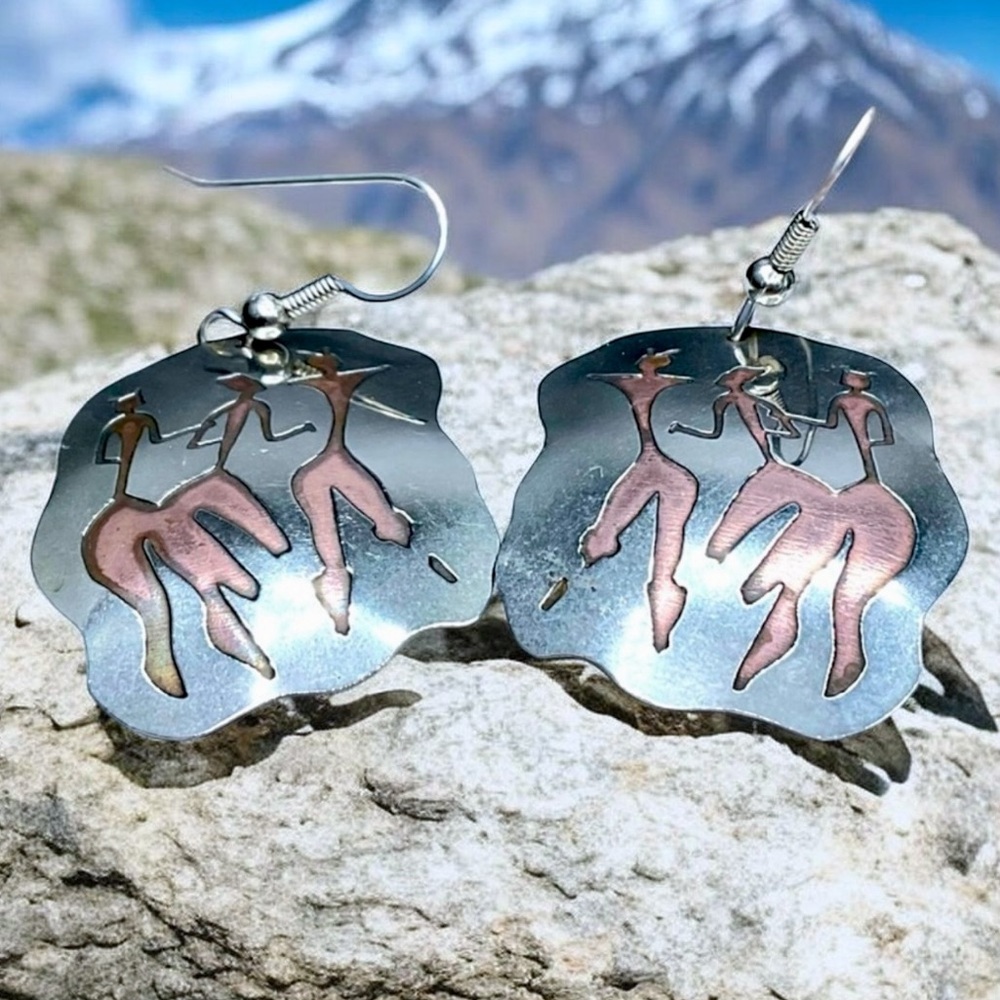 🌺Vintage Large Sterling & Copper Tribal Earrings